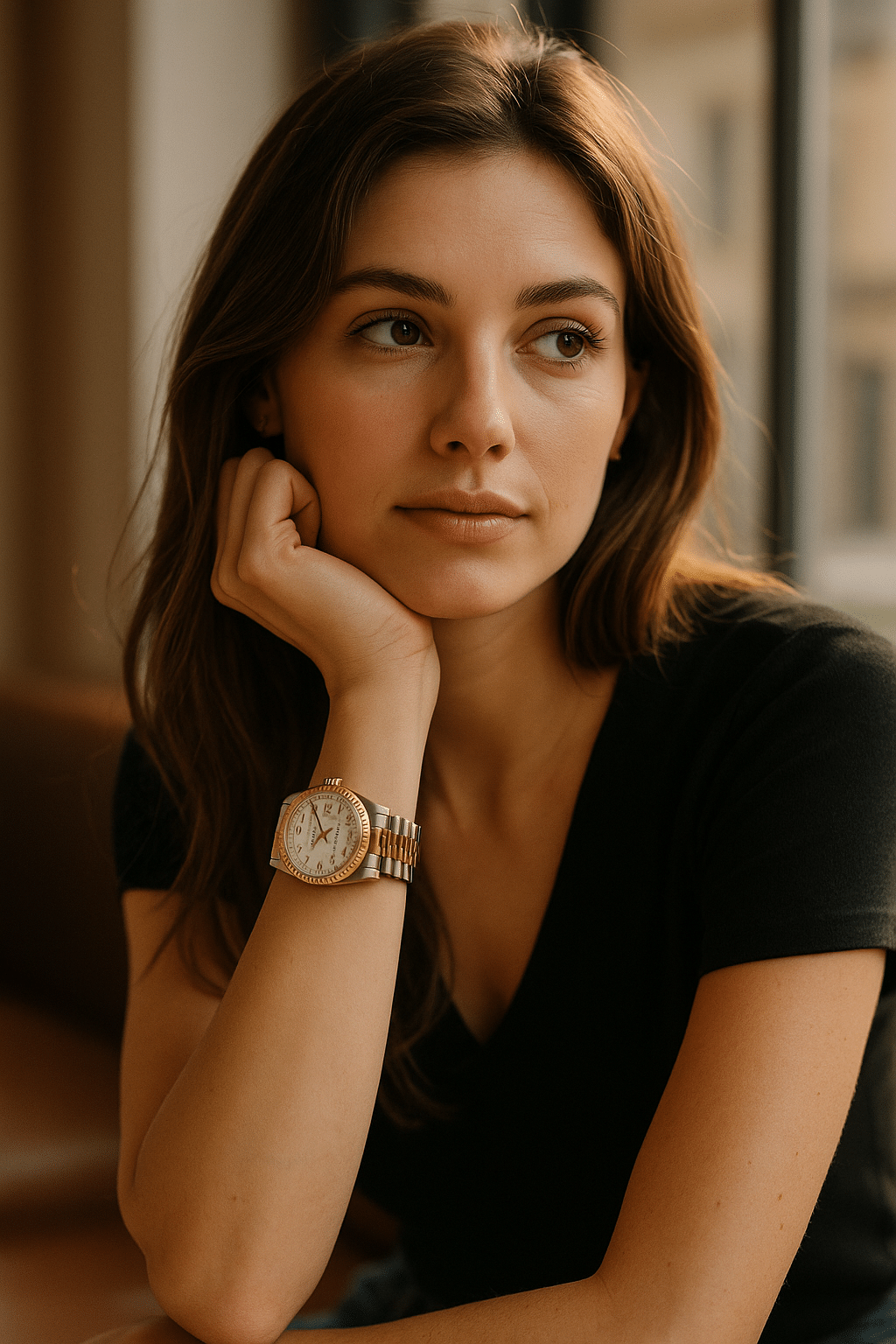 Elegant woman wearing a Rolex Submariner in natural daylight