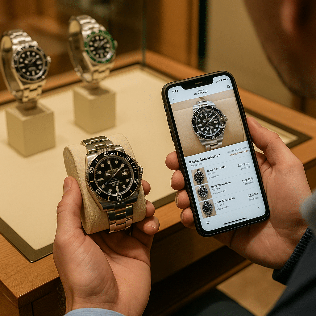 Collector comparing a Rolex Submariner watch with online market listings in a boutique