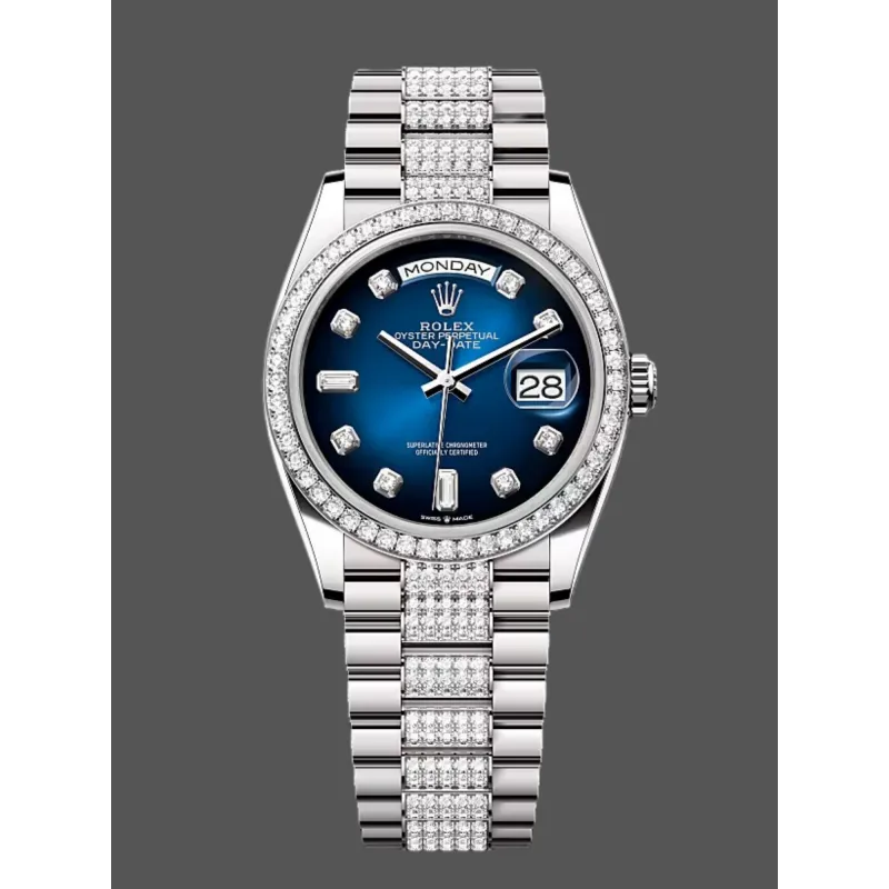 Rolex Day-Date 36 Unisex 128349RBR Replica - Blue Dial Diamond Bezel