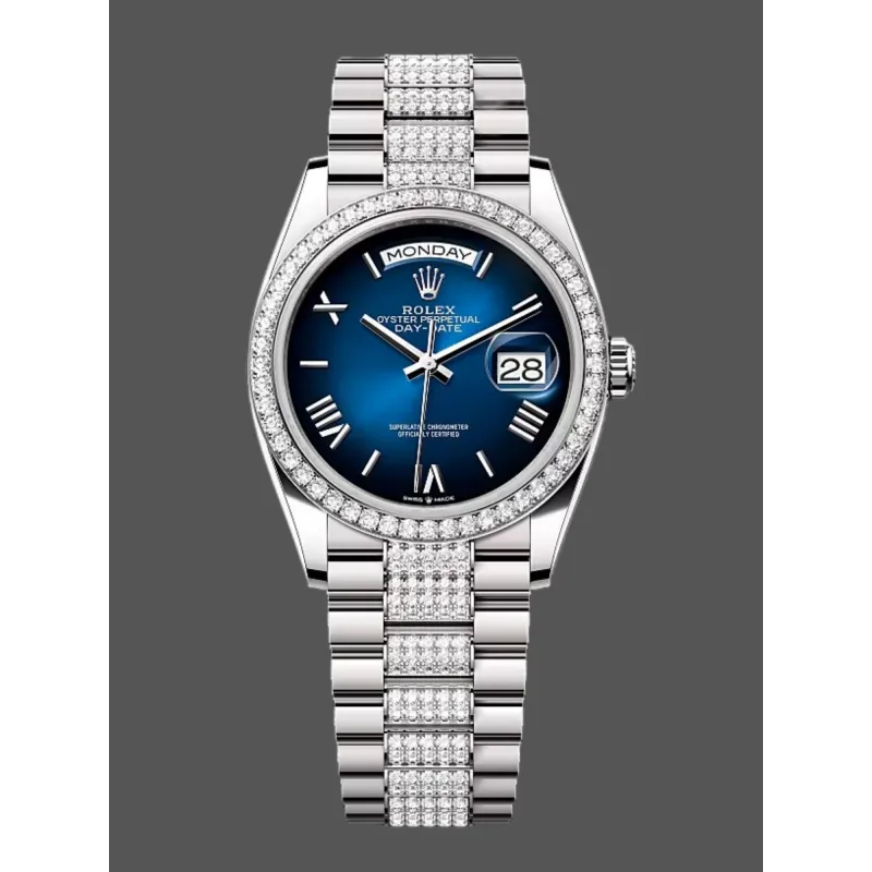 Rolex Day-Date 36 Unisex 128349RBR Replica - Blue Dial Diamond Bezel