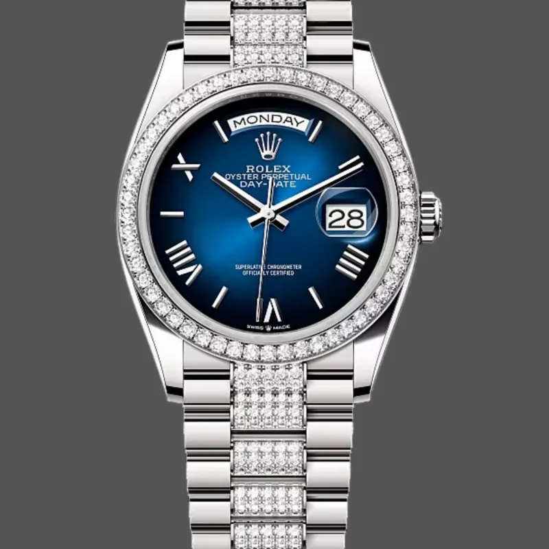 Rolex Day-Date 36 Unisex 128349RBR Replica - Blue Dial Diamond Bezel