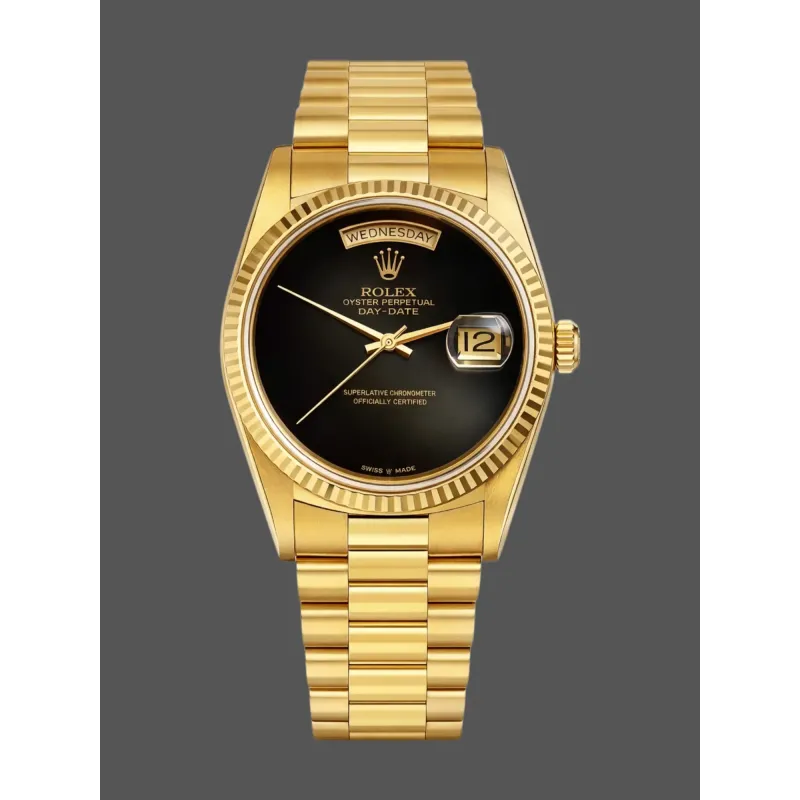 Rolex Day-Date 36 Unisex 18038 Replica - Black Dial Fluted Bezel