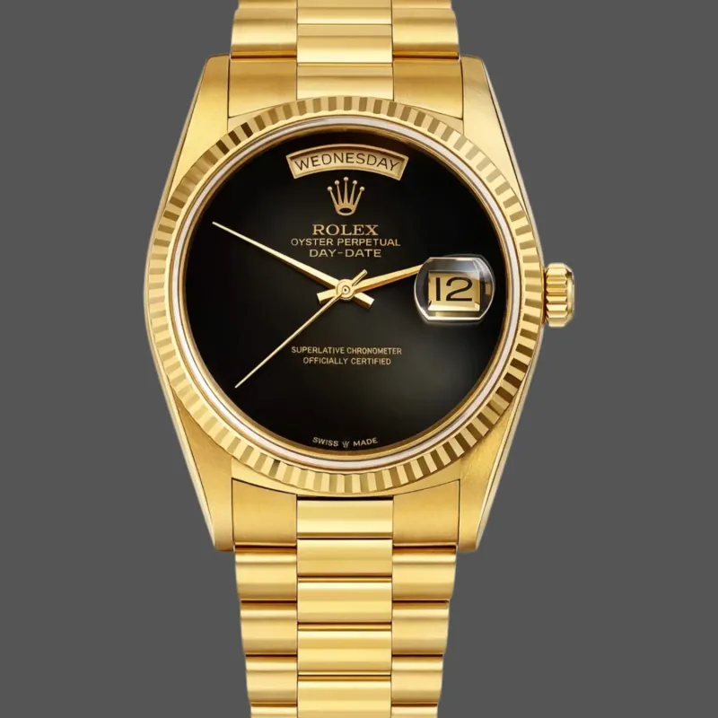 Rolex Day-Date 36 Unisex 18038 Replica - Black Dial Fluted Bezel