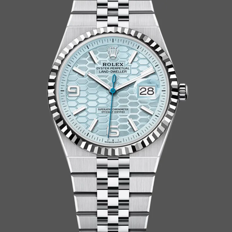 Rolex Land Dweller Unisex 127236 Replica - Ice Blue Dial Fluted Bezel