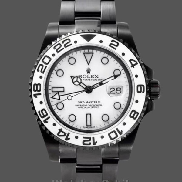 Mens Rolex GMT-Master II Black PVD/DLC Coated with White Dial Stainless Steel White Dial Replica Watch Image