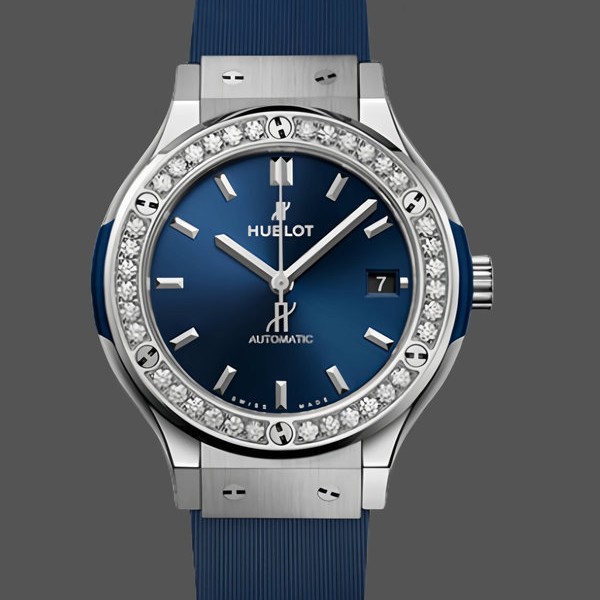 Womens Hublot Classic Fusion Titanium with Blue Diamonds 565.NX.7170.RX.1204 Blue Dial Replica Watch Image