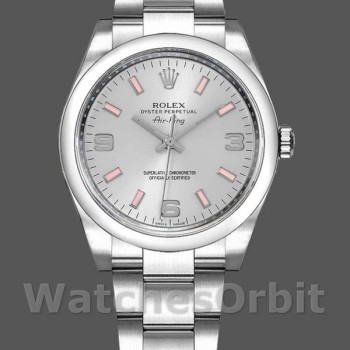 Unisex's Rolex Oyster Perpetual Air‑King-114200, 34mm, Silver Dial, Pink Baton, Unisex Silver