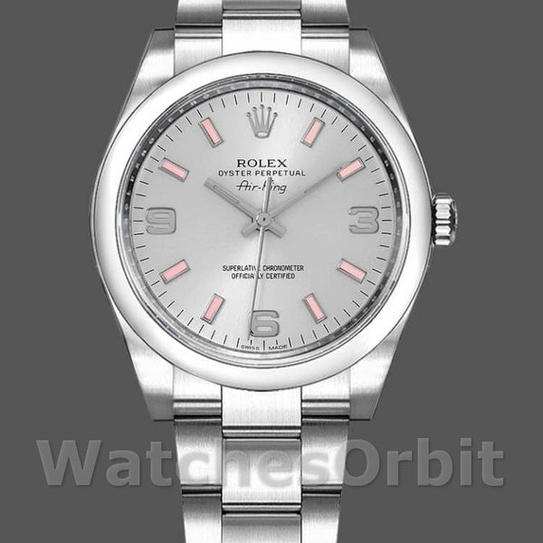 Unisexs Rolex Oyster Perpetual Air‑King-114200, 34mm, Silver Dial, Pink Baton, Unisex Silver Replica Watch Image