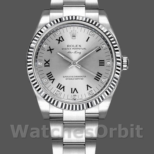 Mens Rolex Oyster Perpetual Air‑King-114234, 41mm, Silver Roman Diamond Dial, Silver Replica Watch Image
