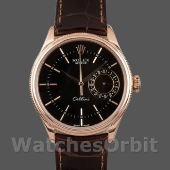 Men's Rolex Cellini Date 39mm Men's-50515-Brown Leather-Black Index Dial Black