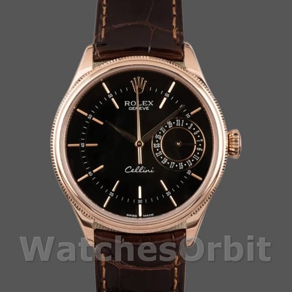 Mens Rolex Cellini Date 39mm Mens-50515-Brown Leather-Black Index Dial Black Replica Image