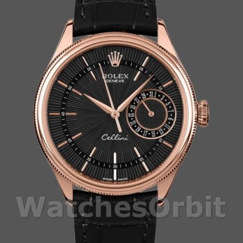 Men's Rolex Cellini Date 39mm Men's-50515-Rose Gold-Black Index Dial Black<br />