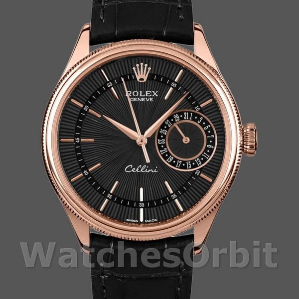 Mens Rolex Cellini Date 39mm Mens-50515-Rose Gold-Black Index Dial Black<br /> Replica Image