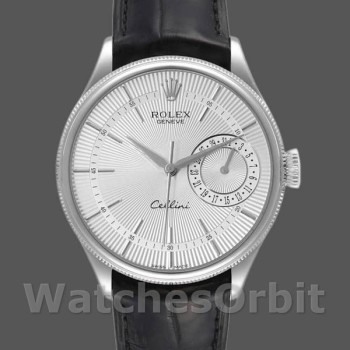 Men's Rolex Cellini Date 39mm Men's-50519-Black Leather-Silver Dial Silver