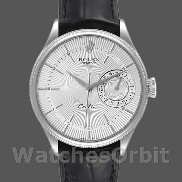Mens Rolex Cellini Date 39mm Mens-50519-Black Leather-Silver Dial Silver Replica Image