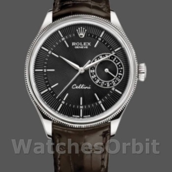 Men's Rolex Cellini Date 39mm Men's-50519-Brown Leather-Black Dial Black<br />