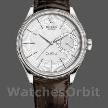 Men's Rolex Cellini Date 39mm Men's-50519-Brown Leather-Silver Dial Silver