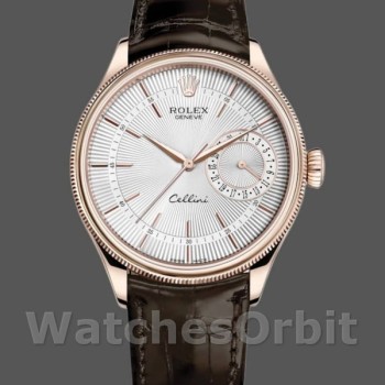 Men's Rolex Cellini Date 39mm Men's-50515-Rose Gold-Silver-Crocodile Leather Strap White