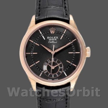 Men's Rolex Cellini Dual Time 39mm Men's-50525-Black Dial-Black Leather Strap Black