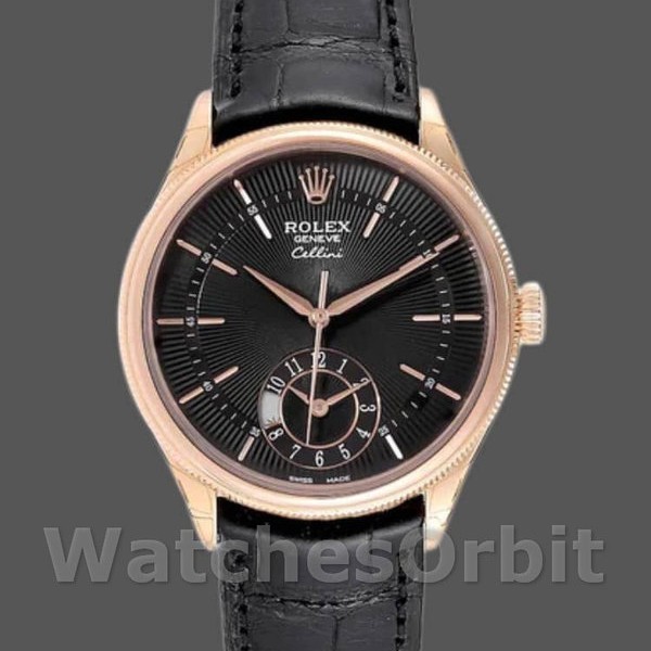 Mens Rolex Cellini Dual Time 39mm Mens-50525-Black Dial-Black Leather Strap Black Replica Image