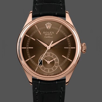 Men's Rolex Cellini Dual Time 39mm Men's-50525-Brown Guilloche Dial-Black Leather Strap Brown