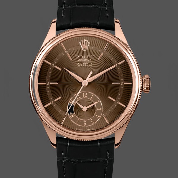 Mens Rolex Cellini Dual Time 39mm Mens-50525-Brown Guilloche Dial-Black Leather Strap Brown Replica Image