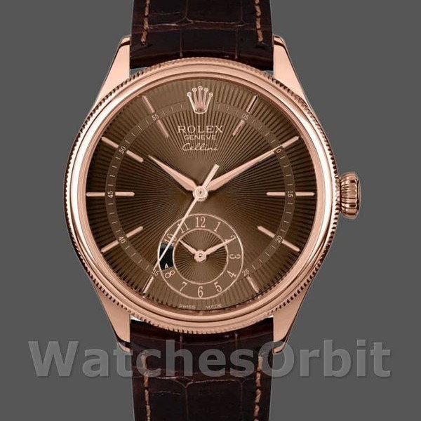 Mens Rolex Cellini Dual Time 39mm Mens-50525-Brown Guilloche Dial-Brown Leather Strap Brown Replica Image