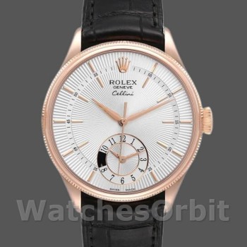 Men's Rolex Cellini Dual Time 39mm Men's-50525-Silver Dial-Black Leather Strap Silver