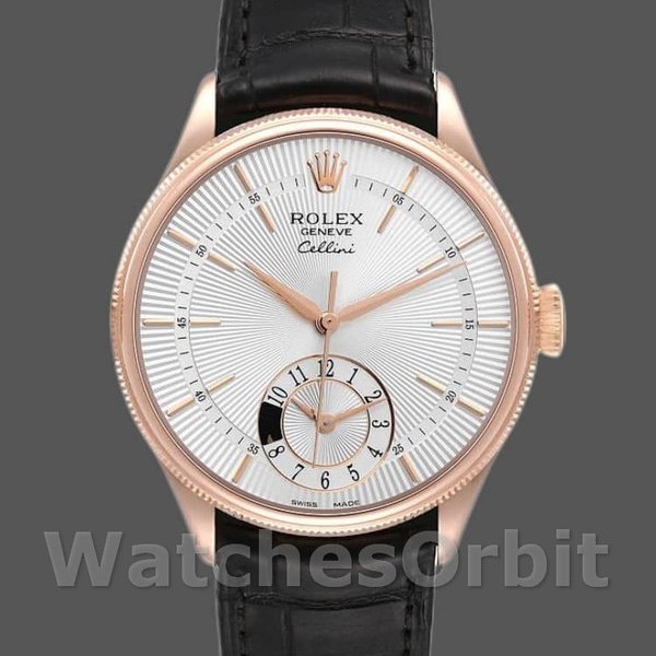 Mens Rolex Cellini Dual Time 39mm Mens-50525-Silver Dial-Black Leather Strap Silver Replica Image