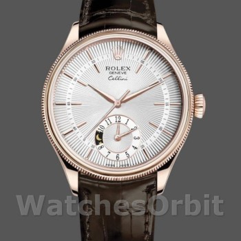 Men's Rolex Cellini Dual Time 39mm Men's-50525-Silver Dial-Brown Leather Strap Silver