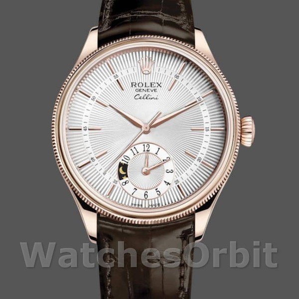 Mens Rolex Cellini Dual Time 39mm Mens-50525-Silver Dial-Brown Leather Strap Silver Replica Image