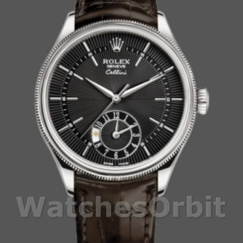 Men's Rolex Cellini Dual Time 39mm Men's-50529-Black Dial-Brown Leather Strap Black