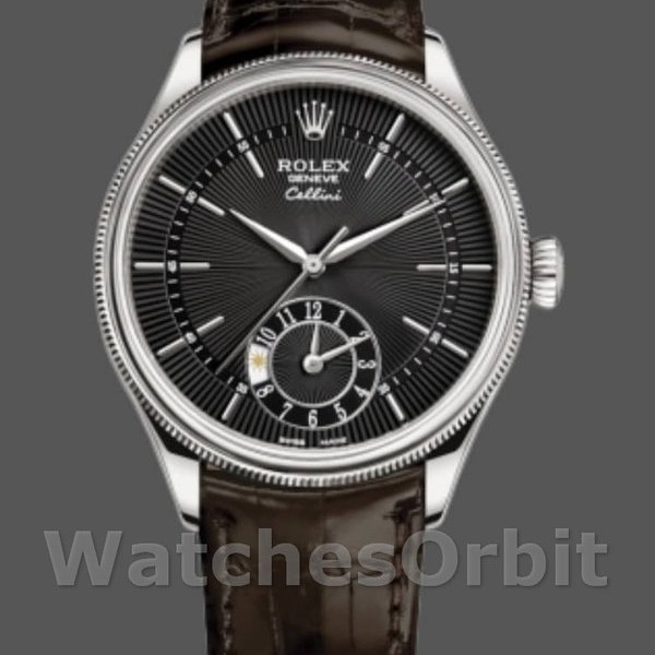 Mens Rolex Cellini Dual Time 39mm Mens-50529-Black Dial-Brown Leather Strap Black Replica Image