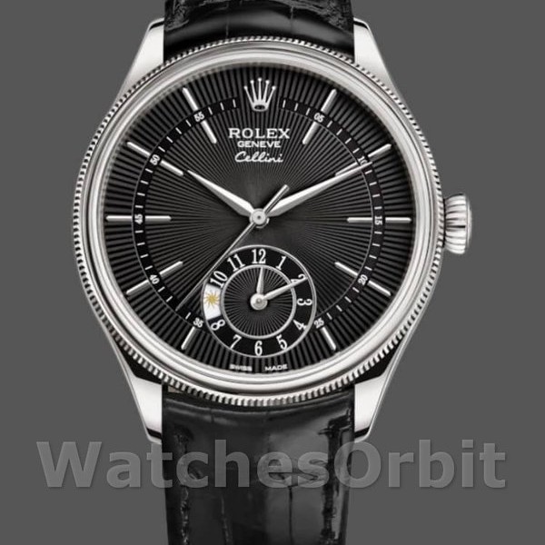 Mens Rolex Cellini Dual Time 39mm Mens-50529-Black Guilloche Dial Black Replica Image