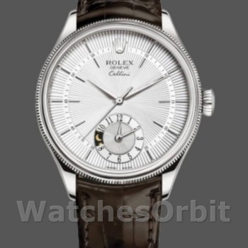 Men's Rolex Cellini Dual Time 39mm Men's-50529-Silver Dial-Brown Strap Silver<br />