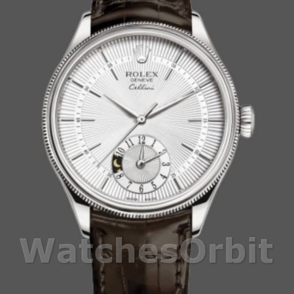 Mens Rolex Cellini Dual Time 39mm Mens-50529-Silver Dial-Brown Strap Silver<br /> Replica Image