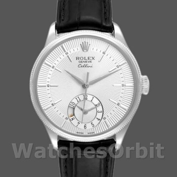 Men's Rolex Cellini Dual Time 39mm Men's-50529-Silver Sunburst Dial-Black Leather Strap Silver
