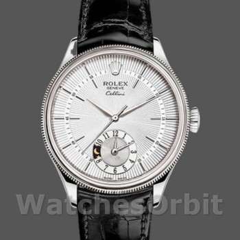 Men's Rolex Cellini Dual Time 39mm Men's-50529-Silver Sunburst Dial-Brown Leather Strap Silver
