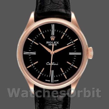 Men's Rolex Cellini Time 39mm Men's-50505-Black Leather Strap-Black Dial Black