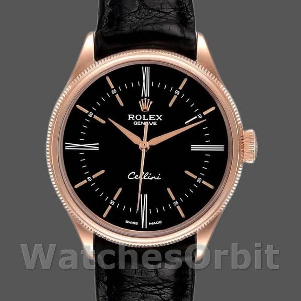 Mens Rolex Cellini Time 39mm Mens-50505-Black Leather Strap-Black Dial Black Replica Image