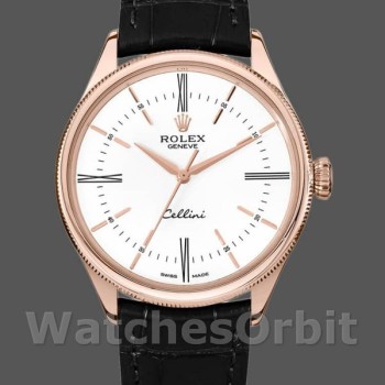Men's Rolex Cellini Time 39mm Men's-50505-Black Leather Strap-White Dial White