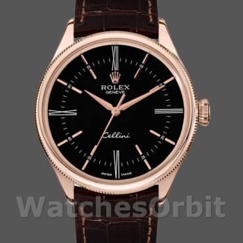 Men's Rolex Cellini Time 39mm Men's-50505-Brown Leather Strap-Black Dial Black