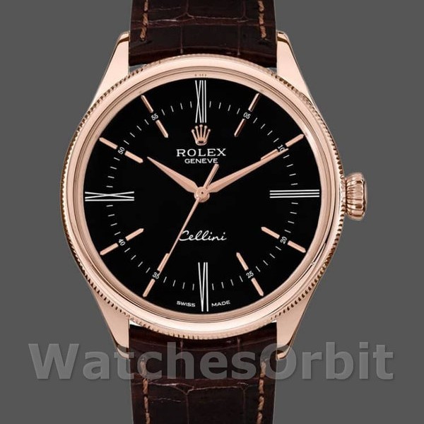 Mens Rolex Cellini Time 39mm Mens-50505-Brown Leather Strap-Black Dial Black Replica Image