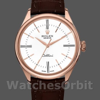 Men's Rolex Cellini Time 39mm Men's-50505-Brown Leather Strap-White Dial White