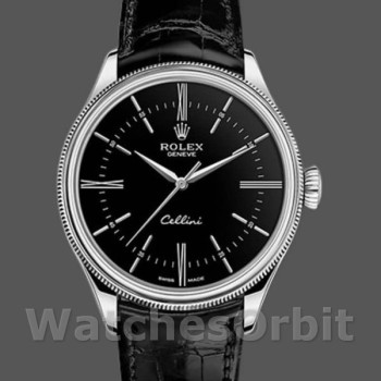 Men's Rolex Cellini Time 39mm Men's-50509-Black Leather Strap-Black Dial Black