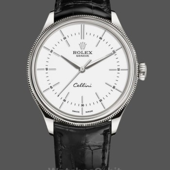Men's Rolex Cellini Time 39mm Men's-50509-Black Leather Strap-White Dial White