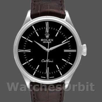 Men's Rolex Cellini Time 39mm Men's-50509-Brown Leather Strap-Black Dial Black