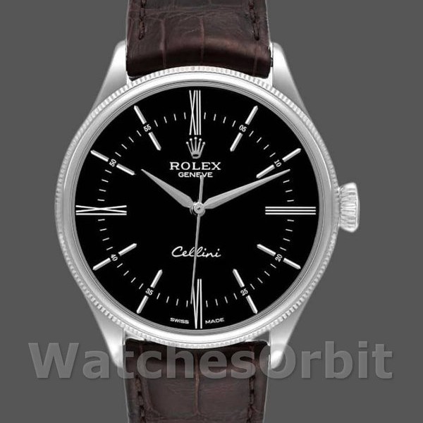 Mens Rolex Cellini Time 39mm Mens-50509-Brown Leather Strap-Black Dial Black Replica Image