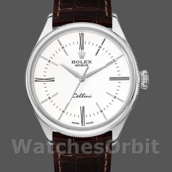 Men's Rolex Cellini Time 39mm Men's-50509-Brown Leather Strap-White Dial White