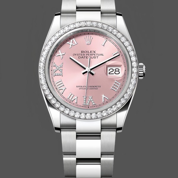 Womens Rolex Datejust 36-126284RBR 0024, Pink Roman Dial, Diamond, Women’s Pink Dial Roman Numeral Hour Markers Replica Watch Image